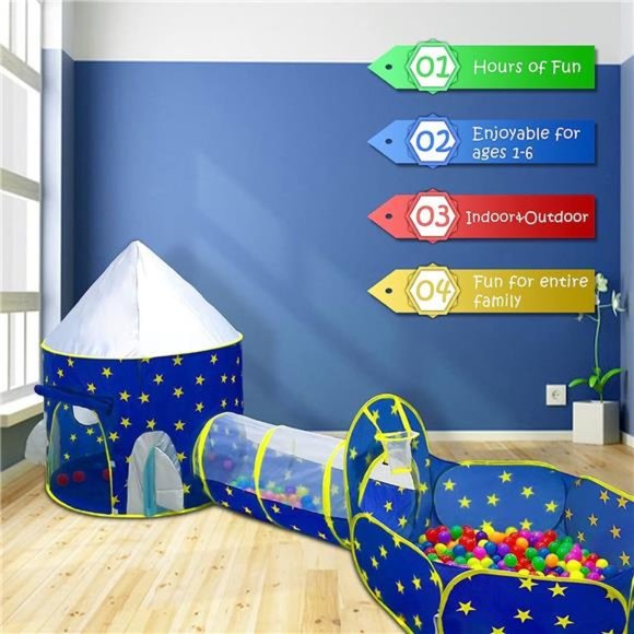 3pc Kids PlayTent for Boys with Ball Pit,Crawl Tunnel,Princess Tents for Toddler - Picture 6 of 7